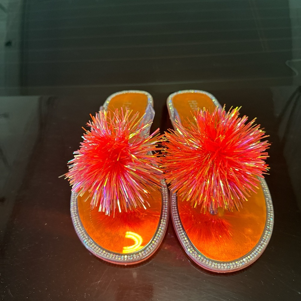 Orange Pom Pom Sandals with Rhinestone Trim